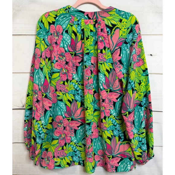 Lilly Pulitzer Frog To Be Silk Blouse Pink Green Floral Long Sleeve Top L - Picture 8 of 8